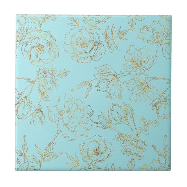 Azulejo Azul Pastel con Rosas de oro (Frente)