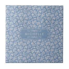 Azulejo Azul Pastel Suave y Patrón Boho Floral Blanco Gris