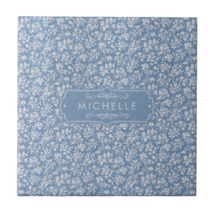 Azulejo Azul Pastel Suave y Patrón Boho Floral Blanco Gris