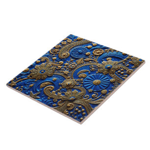 Azulejo Azul Real Hermoso y Floral Abstracto Dorado