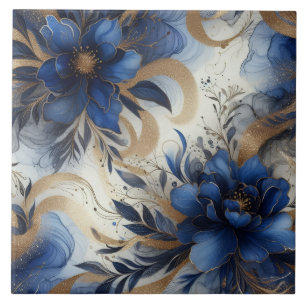 Azulejo Azul Real y Floral de Alcohol Tinta Dorada