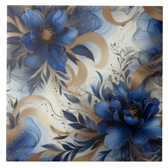 Azulejo Azul Real y Floral de Alcohol Tinta Dorada (Frente)