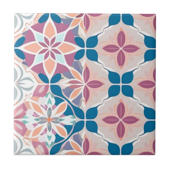 Azulejo Azul, rosa, blanco y beige floral (Frente)