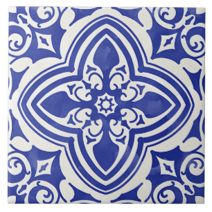 Azulejo Azul Rústico Blanco Floral Decorativo