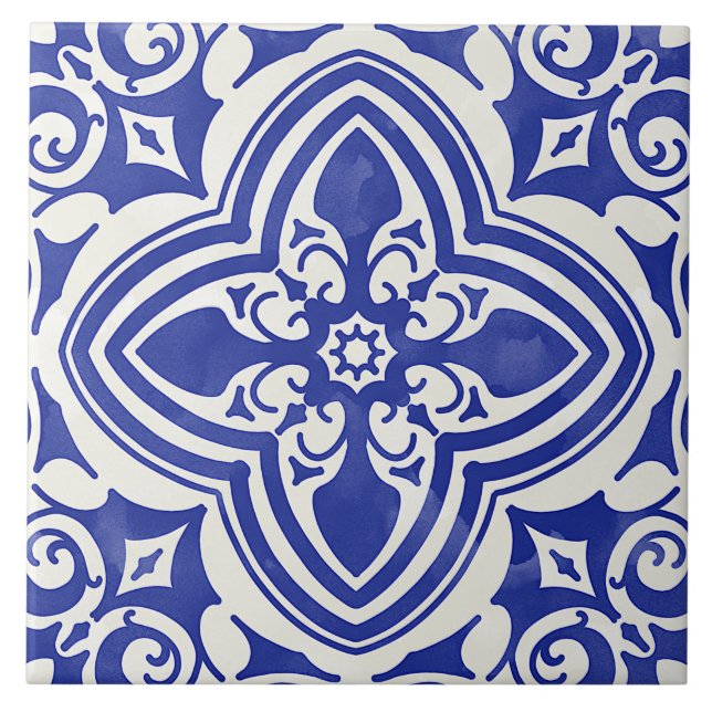 Azulejo Azul Rústico Blanco Floral Decorativo (Frente)
