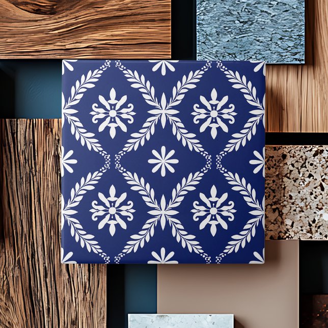 Azulejo Azul Simple Moderno Geométrico Elegante Abstracto (Blue Simple Modern Geometric Elegant Abstract Floral Symmetrical Ceramic Tile)