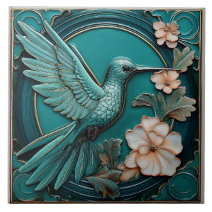 Azulejo Azul teal oscuro relieve falso Art Nouveau Colibrí