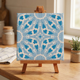 Azulejo Azul Texturizado Blanco Floral Simétrico Estilizad