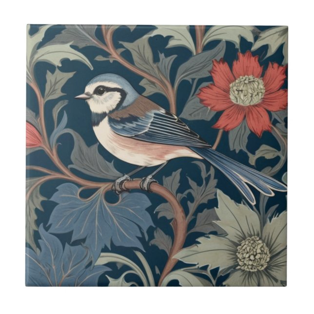 Azulejo Azul Tit William Morris estilo Izquierda frente a  (Frente)