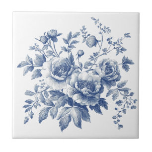 Azulejo Azul Toile Chinoiserie Acuarela Florales