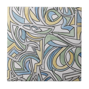 Azulejo Azul Verde Amarillo Celosía - Pintado a Mano Abstr