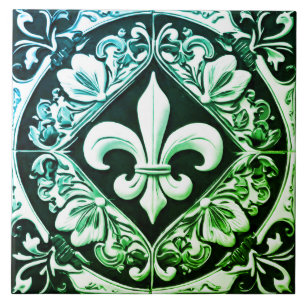 Azulejo Azul Verde y Flor Negra de Lis