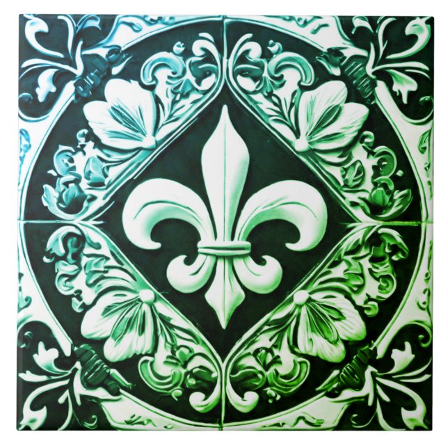 Azulejo Azul Verde y Flor Negra de Lis (Frente)