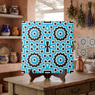 Azulejo Azul verdoso negro boho geométrico mosaico azteca 
