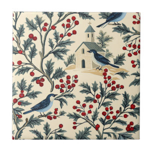 Azulejo Azul Vintage Pájaro Navidad Crema Rojo