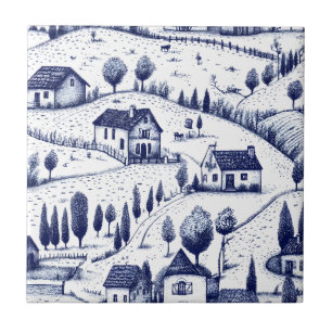 Azulejo Azul Vintage Toile - Árboles Arquitectura Pastoral