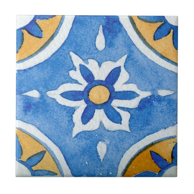 Azulejo Azul y amarillo acuarela Mediterráneo con estampad (Frente)