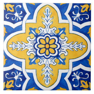 Azulejo azul y amarillo estilo mosaico cerámico.
