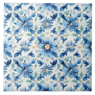 Azulejo Azul y Amarillo Floral Mediterráneo Bonito