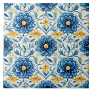 Azulejo Azul y Amarillo Floral Vintage Bonito