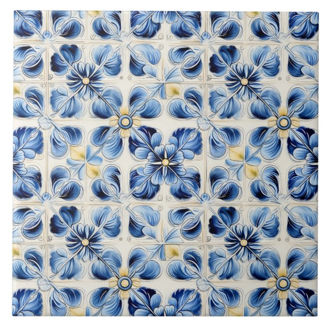 Azulejo Azul y Amarillo Floral Vintage Bonito (Frente)