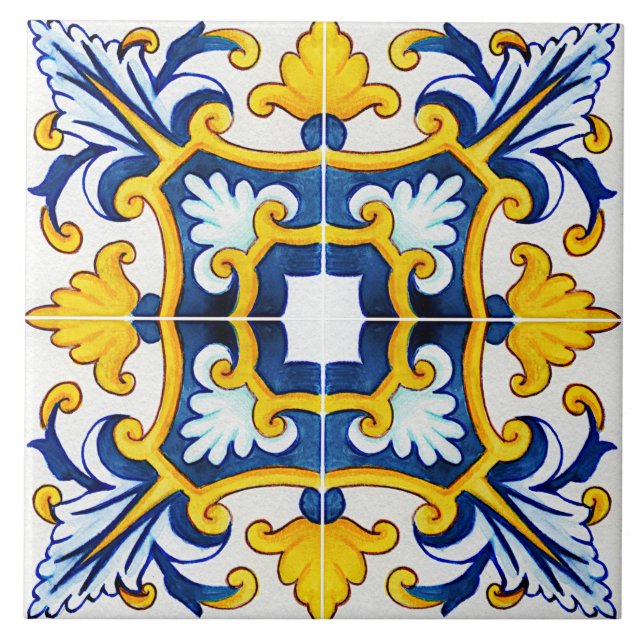Azulejo Azul Y Amarillo Mediterráneo Ornato (Frente)