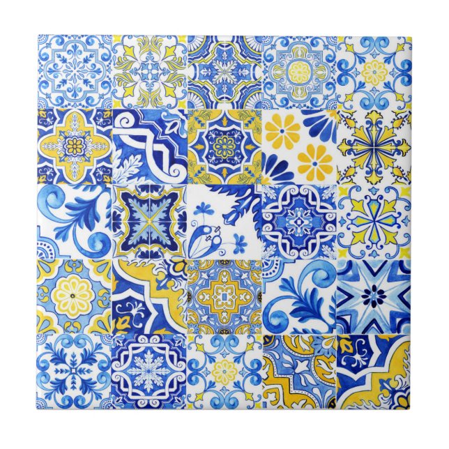 Azulejo azul y amarillo mosaico de mallica portugu (Frente)
