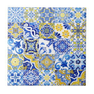 Azulejo Azul y Amarillo Mosaico Majólica Portugués