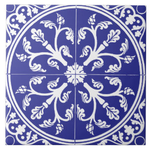 Azulejo Azul y Blanco Abstracto Botánico Círculo Vintage