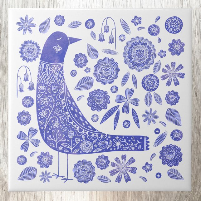 Azulejo Azul y blanco de las aves escandinavas (Scandinavian blue and white bird watercolor art ceramic tile)