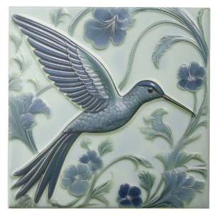 Azulejo Azul y falsa menta relieve Art Nouveau Hummingbird