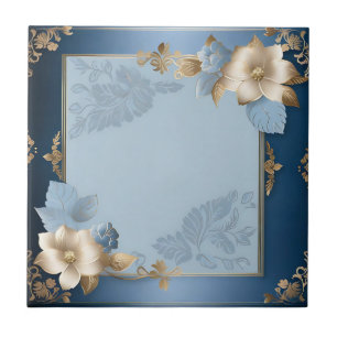 Azulejo Azul Y Oro Floral Metálico