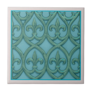 Azulejo Azul Y Verde Fleur-de-lis