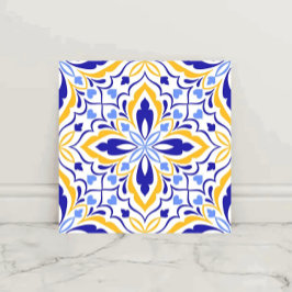 Azulejo Azure Elegance  Blue and Gold Floral Mosaic