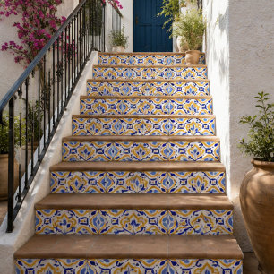 Azulejo Azure Petal Elegant Blue and Gold Floral Mosaic