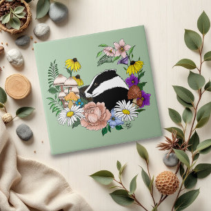 Azulejo Badger Wild Flowers Mushrooms Green