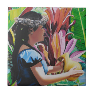 Azulejo Bailarina hawaiana de Chica hula con Ipu