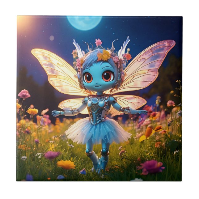 Azulejo Bailarina Robot Pixie Bailando en las Flores Silve (Frente)