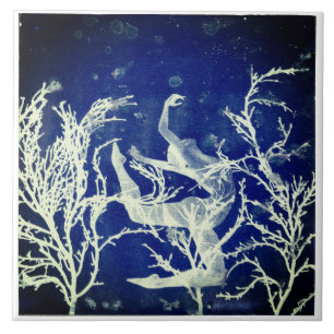 Azulejo Bailarina submarina de cianotipia azul y blanca