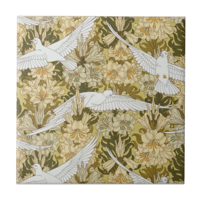 Azulejo Baile de palomas de hojas de crema blanca (Frente)