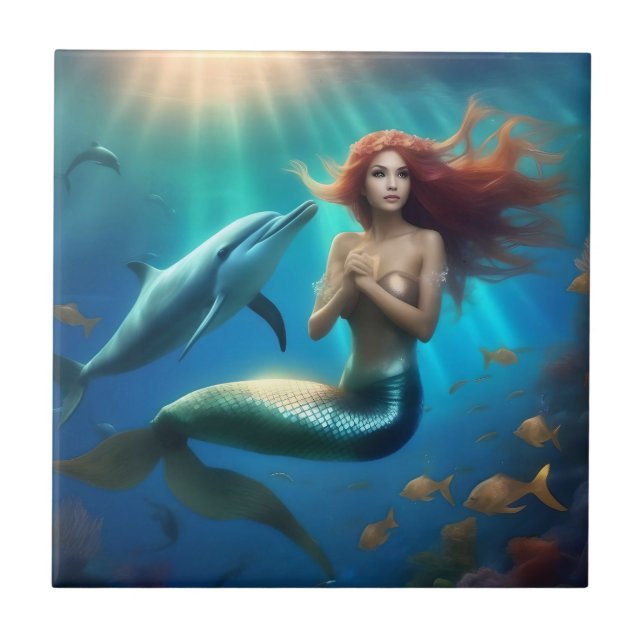 Azulejo "Baile oceánico: Sirena y viaje de delfines" (Frente)