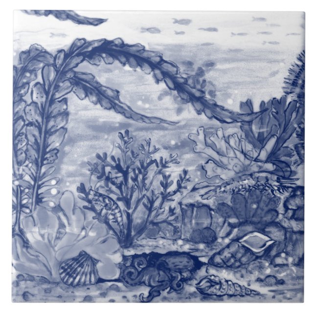 Azulejo Bajo El Mar Oscuro Océano Azul Escena Octopus Mura (Frente)