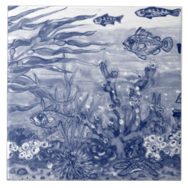 Azulejo Bajo Mar Oscuro Océano Azul Escena Pescado Mural P
