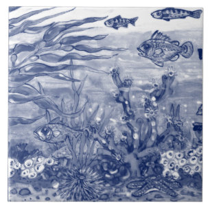 Azulejo Bajo Mar Oscuro Océano Azul Escena Pescado Mural P