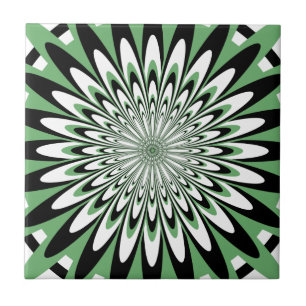 Azulejo Baldosa, Flor abstracta 5, Verde, Negro, Blanco