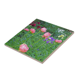AZULEJO BALDOSAS/TRIVET, "BANCO BLANCO EN JARDÍN DE PEONY"