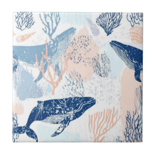 Azulejo Ballena Costera Vida Marina Coral Azul Melocotón (