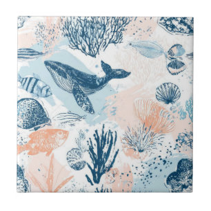 Azulejo Ballena Costera Vida Marina Coral Azul Melocotón (