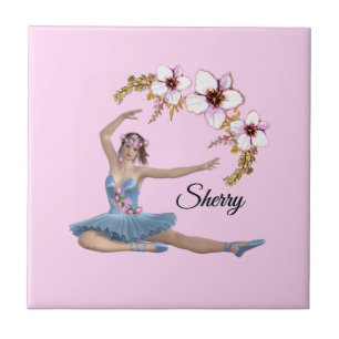 Azulejo Ballerina en rosa con nombre personal azul