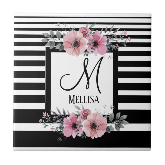 Azulejo Bandas negras y blancas monograma floral rosa (Frente)